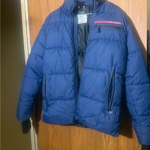 Prada Navy Quilted Puffer Jacket with Red Chest Accent